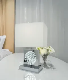 22" Chrome Crystal Table Lamp – Built-In Night Light, USB Port & Power Outlet