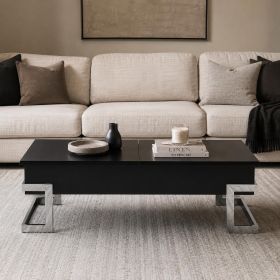 47" Black and Silver Wood & Iron Lift‑Top Sled Coffee Table – Modern Industrial Accent