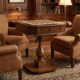 28" Brown Cherry Octagonal Game Table – Classic Wood Gaming Accent With Drawer