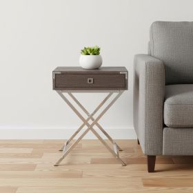 24" Silver And Deep Taupe Wood And Metal End Table With Drawer
