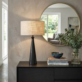 22" Black Geometric Triangle Table Lamp – Beige Woven Shade | 3-Way Switch