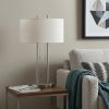 27" Silver Metal Two‑Light Bedside Lamp with Off‑White Drum Shade