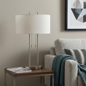 27" Silver Metal Two‑Light Bedside Lamp with Off‑White Drum Shade
