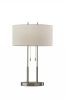 27" Silver Metal Two‑Light Bedside Lamp with Off‑White Drum Shade