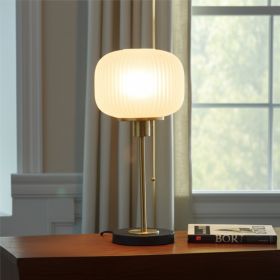 22" Antiqued Brass Table Lamp with White Ribbed Frosted Glass Dome Shade – Mid‑Century Accent Lighting
