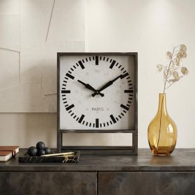 Square Gray Metal Desk  Table Clock With Simple White And Black Face