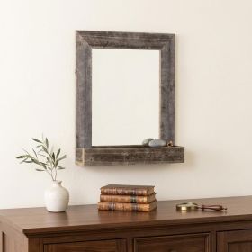 26" Rustic Weathered Gray Reclaimed Wood Mirror with Shelf – Farmhouse Wall Accent