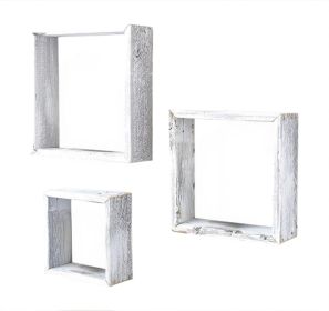 Set Of 3 Square Rustic White Wash Wood Open Box Shelve