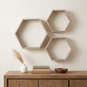 Gray Reclaimed Wood Hexagon Wall Shelves (Set of 3) – Rustic Open Shadowbox Decor
