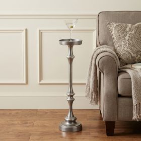 26" Brushed Silver Drink Accent Table – Modern Pedestal Mini Side Table