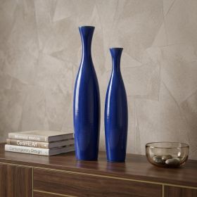 Set of 2 Cobalt Ceramic Cylinder Table Vases – Contemporary Accent