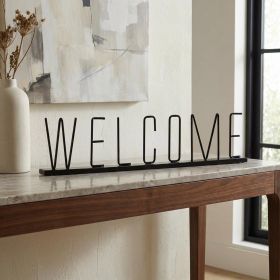 24" Black Metal “Welcome” Tabletop Sculpture – Modern Minimalist Word Art