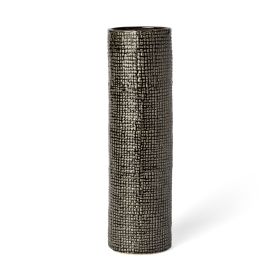 15" Black And Gold Abstract Cylinder Ceramic Table Vase