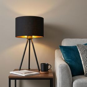 22" Black Metal Tripod Table Lamp with Black Drum Shade – Contemporary Accent Lighting
