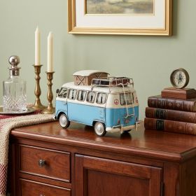Blue & White Metal Volkswagen Bus Sculpture – Retro Decorative Figurine