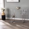 42" Silver Mirrored Oval Cross-Leg Console Table with Two Shelves – Modern Glam Accent