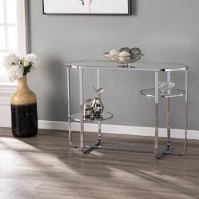 42" Silver Mirrored Oval Cross-Leg Console Table with Two Shelves – Modern Glam Accent