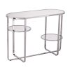 42" Silver Mirrored Oval Cross-Leg Console Table with Two Shelves – Modern Glam Accent