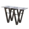 Clear Gray & Brown Glass and Solid Wood Abstract Console Table