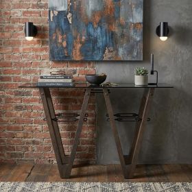 Clear Gray & Brown Glass and Solid Wood Abstract Console Table