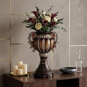 18" Bronze & Silver Floral Urn Vase – Stone-Embellished Polyresin Statement Decor