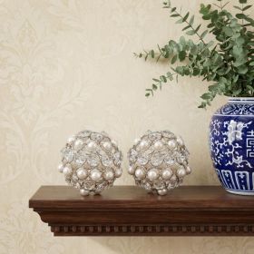 Set of Two Silver and Clear Faux Crystal and Pearl Decorative Orbs
