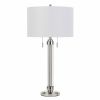 Silver Metallic Two‑Light Cylinder Table Lamp With White Drum Shade
