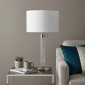 Silver Metallic Two‑Light Cylinder Table Lamp With White Drum Shade