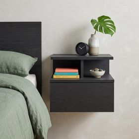 14" Black Wood Floating Nightstand – Modern Wall‑Mounted Drawer & Shelf Storage
