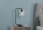 Black Metal Round Arched USB Table Lamp With Clear Drum Shade