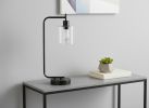 Black Metal Round Arched USB Table Lamp With Clear Drum Shade