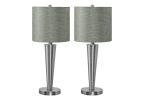 Set of Two Silver Metal Candlestick USB Table Lamps With Gray Drum Shade