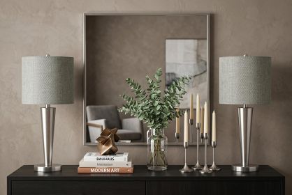 Set of Two Silver Metal Candlestick USB Table Lamps With Gray Drum Shade