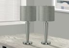 Set of Two Silver Metal Candlestick USB Table Lamps With Gray Drum Shade