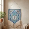 Blue Aqua and Ivory Floral Cotton Macrame Hanging Tapestry – Boho Textured Wall Art