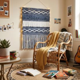 Denim Blue Geometric Macrame Fringe Wall Tapestry