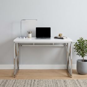 47" White & Silver Modern Computer Desk – Geometric Metal Base