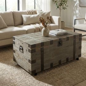 Reclaimed Wood Trunk Coffee Table – Distressed Brown Storage Accent on Wheels