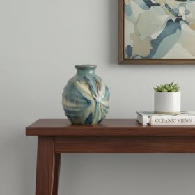 11" Blue, Beige & Brown Abstract Round Ceramic Table Vase – Reactive Glaze