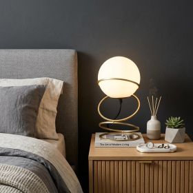 Gold Metal Geo Spiral Bedside Lamp With White Globe Shade – Modern Sculptural Lighting