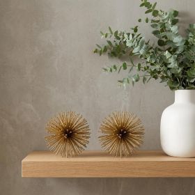 Set of Two Gold Iron Decorative Spiky Sphere Tabletop Sculptures