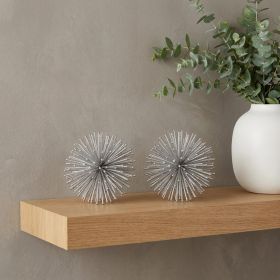 Set of Two Silver Iron Decorative Spiky Sphere Tabletop Sculpture