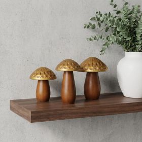 Brown & Gold Wood Mushroom Tabletop Sculptures – Set of Three Nature‑Inspired Accents
