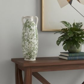 14" Green & White Leaf Ceramic Amphora Table Vase – Classic Botanical Accent