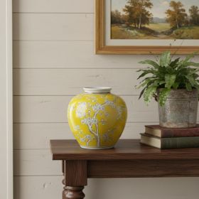 9" Yellow & White Chinoiserie Floral Porcelain Vase – Hand-Painted Plum Detail