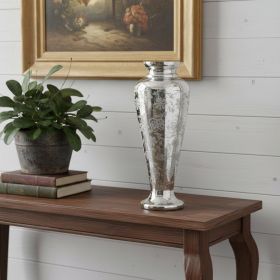20" Antiqued Silver Etched Floral Glass Vase – Vintage Round Statement