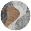Gray Charcoal & Brown Abstract Round Washable Rug – Indoor/Outdoor