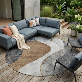 Gray Charcoal & Brown Abstract Round Washable Rug – Indoor/Outdoor