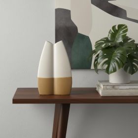 16" Off-White & Tan Color Block Ceramic Table Vase – Textured Geometric Accent