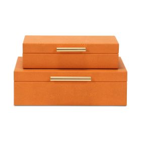 Set Of Two Orange Faux Shagreen Jewelry Boxes With Decorative Hardware